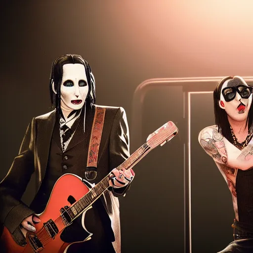 Image similar to A photorealistic photograph of Johnny Depp and Marilyn Manson performing on stage in a band. Trending on Artstation, featured on Behance, well-rendered, intricate, highly detailed, very crispy, Unreal Engine, 4K HD