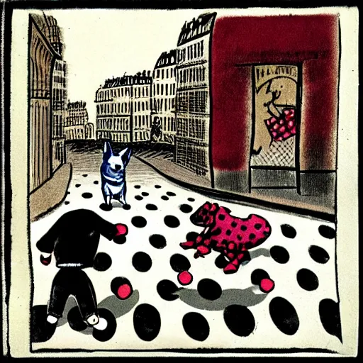 Image similar to book illustration of a french boy on the streets of paris playing football against a corgi, the dog is wearing a polka dot scarf, 1 9 6 6