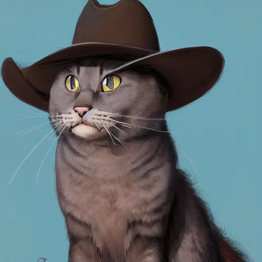 Prompt: a cowboy cat with a cowboy hat, Russian blue cat. By Makoto Shinkai, Stanley Artgerm Lau, WLOP, Rossdraws, James Jean, Andrei Riabovitchev, Marc Simonetti, krenz cushart, Sakimichan, trending on ArtStation, digital art.