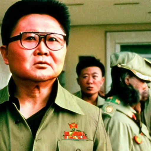 Image similar to filmstill of Kim Jong-il in the role of Rambo with head bandana, cinemascope, Eastman Color Negative 50T 5251 Neg. Film