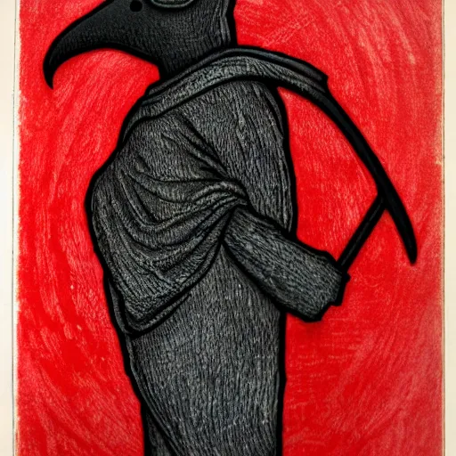 Prompt: etching of a plague doctor, black and red