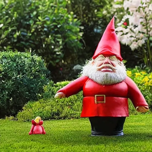 Image similar to Breathtaking photorealistic picture of Donald Trump as a garden gnome