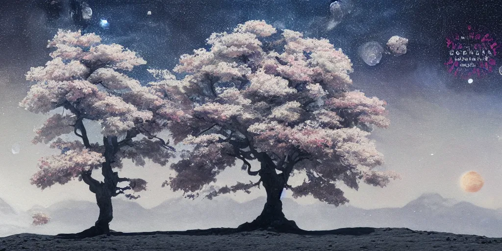 Image similar to A sakura tree growing on the moon, cinematic lighting, detailed oil painting, hyperrealistic, 8k