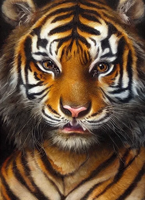 Prompt: a little girl with short curly brown hair with her face painted like a tiger. face painting of a tiger. beautiful highly detailed face. painting by artgerm and greg rutkowski and raymond swanland.