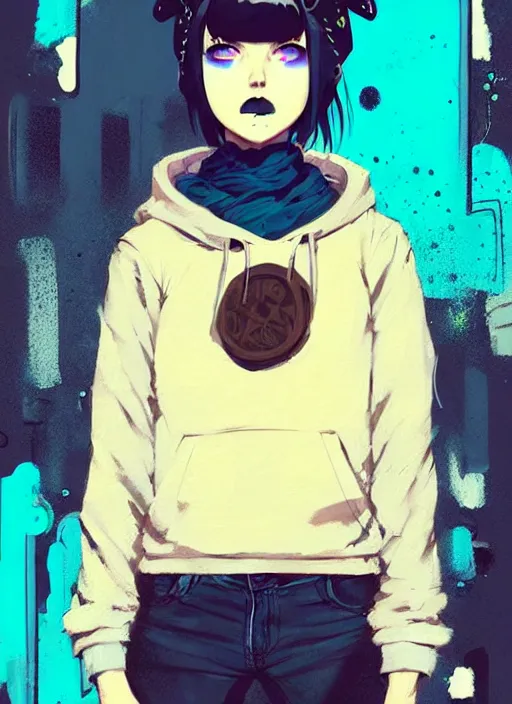 Prompt: highly detailed portrait of a city punk lady student, blue eyes, hoodie, white hair by atey ghailan, by greg rutkowski, by greg tocchini, by james gilleard, by joe fenton, by kaethe butcher, gradient yellow, black, brown and cyan blue color scheme, grunge aesthetic!!! ( ( graffiti tag wall background ) )