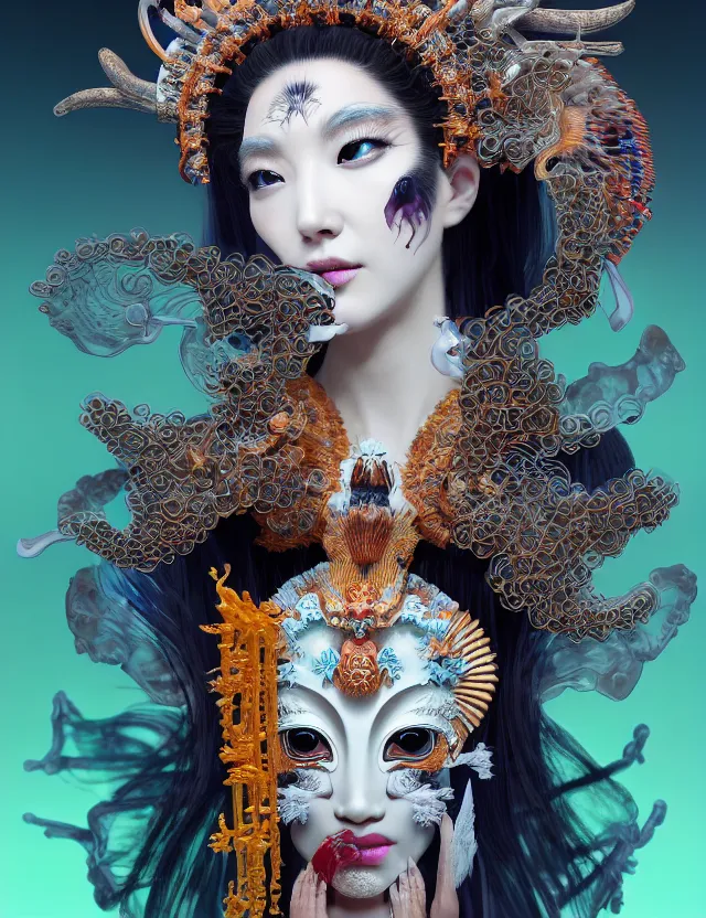 Image similar to 3 d goddess close - up profile portrait with crown, ram skull. beautiful intricately detailed japanese crow kitsune mask and clasical japanese kimono. betta fish, jellyfish phoenix, bio luminescent, plasma, ice, water, wind, creature, artwork by tooth wu and wlop and beeple and greg rutkowski