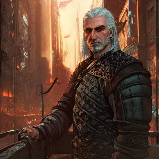 Prompt: Geralt of Rivia in a cyberpunk city, D&D, fantasy, intricate, elegant, highly detailed, digital painting, artstation, concept art, smooth, sharp focus, illustration, art by artgerm and greg rutkowski and alphonse mucha