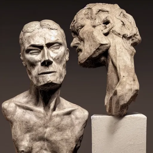 Image similar to a physical sculpture of a struggling human face, one with a horse's face and the other with a human face, by augustus rodin