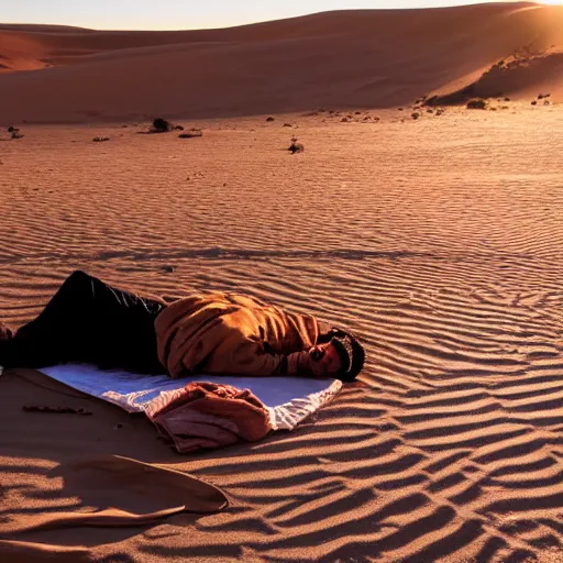 Image similar to a photo a Ghandi sleeping rough in the Sahara a sunrise, perfect lighting