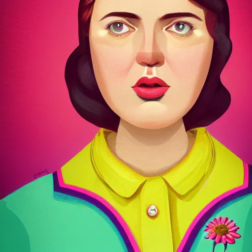 Image similar to colorful and festive cute female young plus size female hitler with tan skin, clear sharp todd solondz face, wearing yellow floral blouse. full body, rich vivid pastel colors, ambient lighting, dynamic lighting, 4 k, atmospheric lighting, painted, intricate, highly detailed by charlie bowater