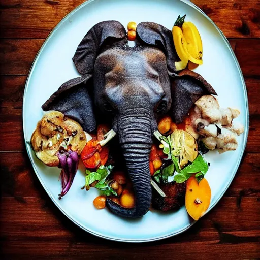 Image similar to a roasted elephant, delicious, cookbook photo, quality presentation
