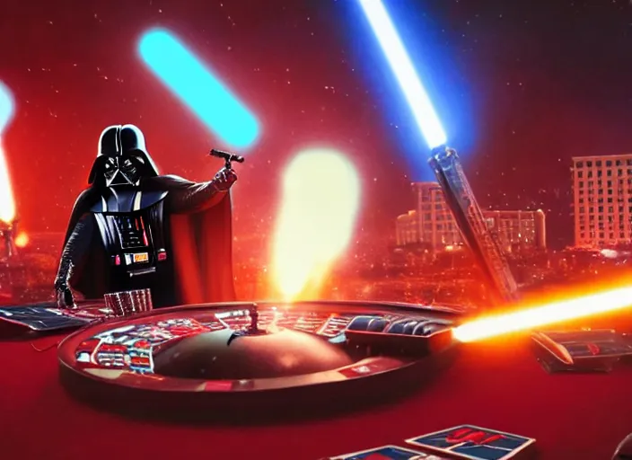 Image similar to film still of Darth Vader gambling in Vegas in the new Star Wars movie, 4k