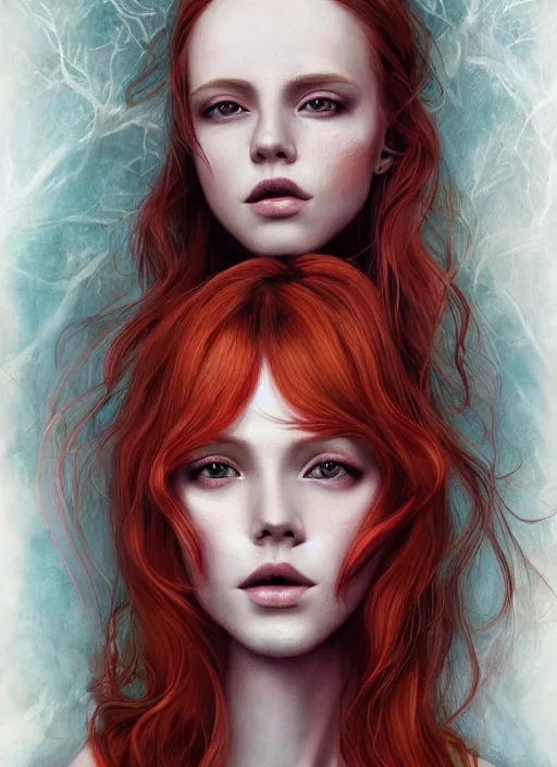 Image similar to dramatic ethereal full length illustration of a beautiful and red hair young woman in the art style of Martine Johanna, not realistic, anatomically correct, beautiful!! perfect face, enigmatic, volumetric golden dappled dynamic lighting, sharp focus, 8k high definition, insanely detailed, intricate, elegant