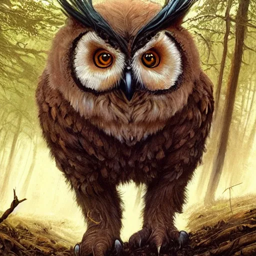 Image similar to three quarter portrait of an owlbear in the forest, d & d, fantasy, greg rutkowski, frank frazetta, alexandre chaudret, boris vallejo, michael whelan, miro petrov, hr giger, magali villeneuve, donato giancola