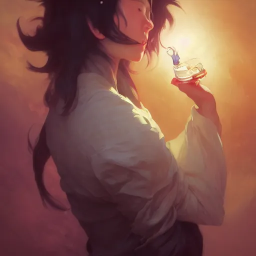 Image similar to A man drinking a cup of cosmic energy bright light, illustration by Ruan Jia and Mandy Jurgens and William-Adolphe Bouguereau, Artgerm, 4k, digital art, surreal, anime style, space dandy style, highly detailed, godsend, artstation, digital painting, concept art, smooth, sharp focus, illustration by Ruan Jia and Mandy Jurgens and William-Adolphe Bouguereau, Artgerm