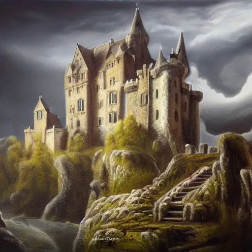 Prompt: a haunting castle in the style of zdzlaw bekinski (oil on canvas), matte painting.