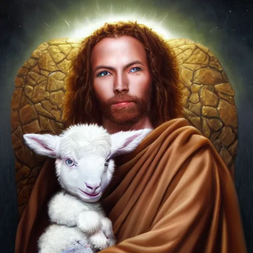 Image similar to a detailed fantasy character painting of Klaus Schwab holding an Android robot lamb dressed like Jesus Christ, by lauri blank, artgerm, evelyn de morgan, 8K, 50mm lens