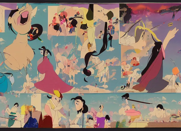 Prompt: experimental character exploration mixed media collage reference sheet layout from masaaki yuasa's mulan ( 1 9 9 7 )