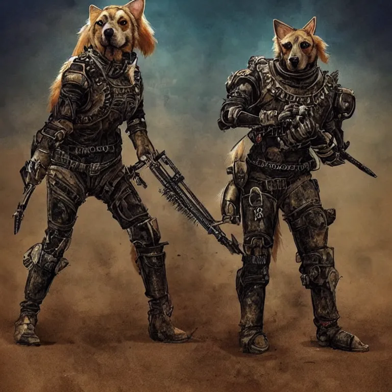 Image similar to a good ol'hound dog fursona ( from the furry fandom ), heavily armed and armored facing down armageddon in a dark and gritty version from the makers of mad max : fury road. witness me.