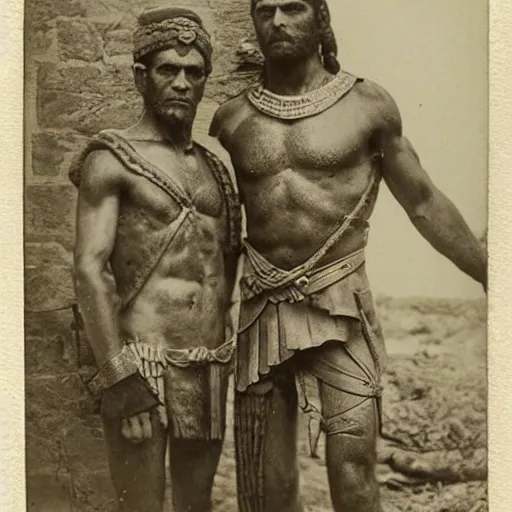 Image similar to spartan man and his helot slave, helot, ancient sparta, daguerreotype photograph, ancient photograph