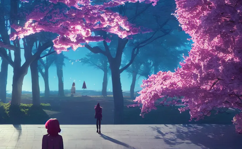 Image similar to woman looking at the cherry blossoms, Low level, rendered by Beeple, Makoto Shinkai, syd meade, simon stålenhag,, synthwave style, digital art, unreal engine, WLOP, trending on artstation, 4K UHD image, octane render,