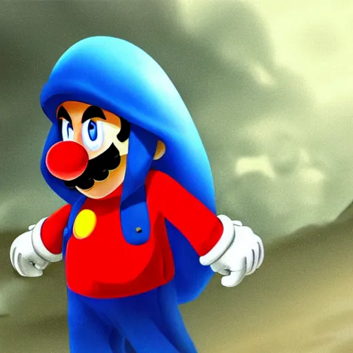 Image similar to depressed Mario in a blue hoodie on the rain, matte painting, realistic, sad, emotional, powerful