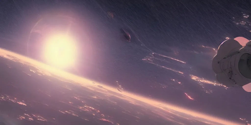 Image similar to a spacecraft moving towards earth by moebius and makoto shinkai, cinematic composition, wide shot