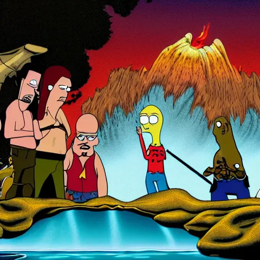 Image similar to American Dad's Roger the Alien, Frank Zappa, Jimi Hendrix, Brock Lesnar, a waterfall and pond, sunrise, campfire, a pot of gold, high definition