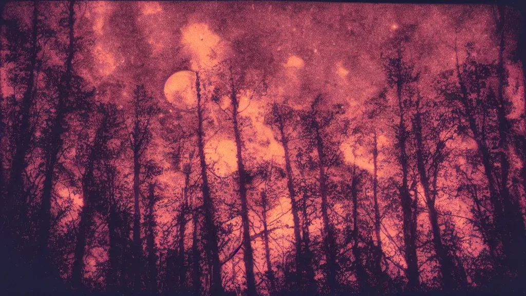 Image similar to psychedelic polaroid of a night sky. A glimpse through a small gap in the foliage and overgrowth and the trees of the huge gibbous moon in a dark sky, wreathed in red mist, starlight, night-time, crimson and black sky, dark enclosed, cozy, quiet forest night scene, spangle