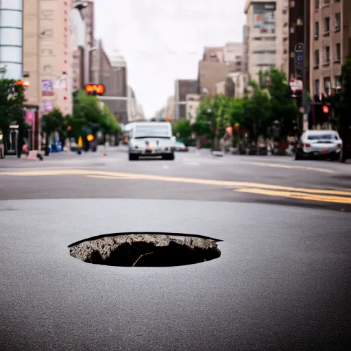 Image similar to infinite sinkhole in the middle of the street, sony a 7 r iii, 8 5 mm, f / 1. 8, 2 0 1 8