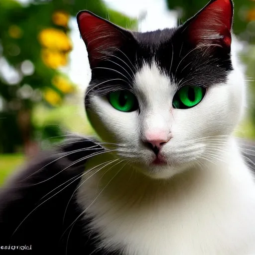 Image similar to [white cat, green eyes], left in the picture, [black cat, yellow eyes], right in the picture