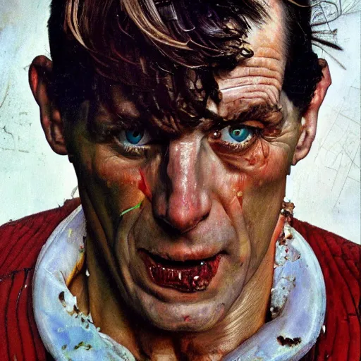 Image similar to high quality high detail painting by norman rockwell and lucien freud, hd, portrait of a dangerous professional wrestler, intense demonic look in the eyes, photorealistic lighting
