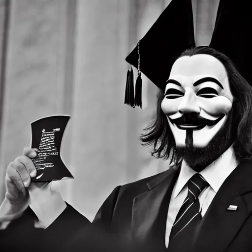 Image similar to man wearing guy fawkes mask accepting award from obama in university hall, photo, cinematic lighting