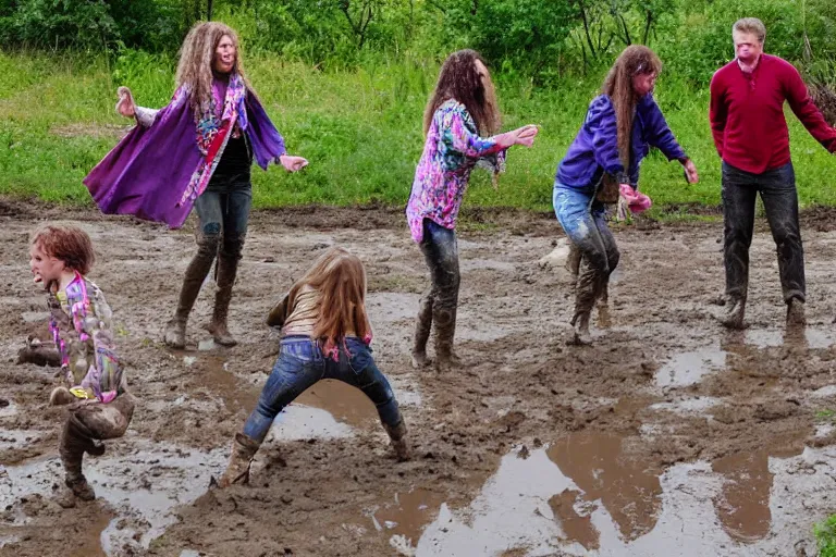 Prompt: hippies playing in a mud puddle