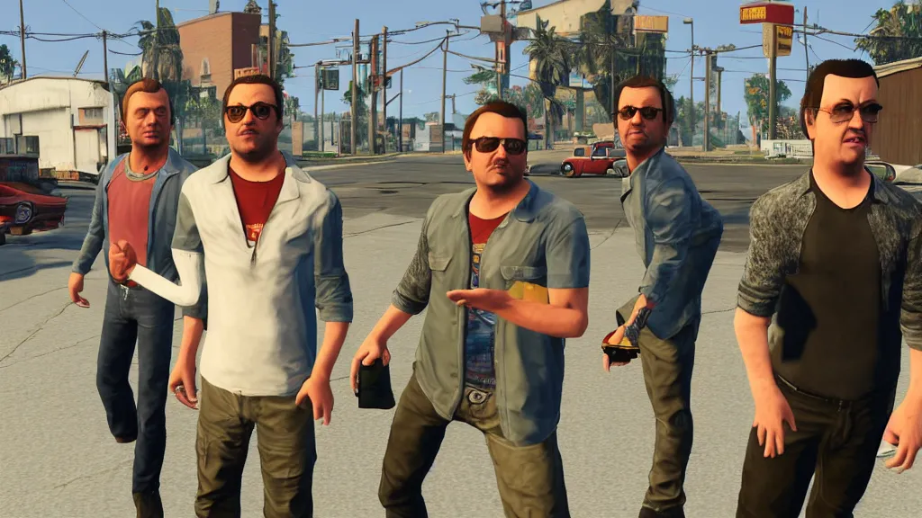 Prompt: julian, ricky and bubbles from the trailer park boys in gta v loading screen, stephen bliss