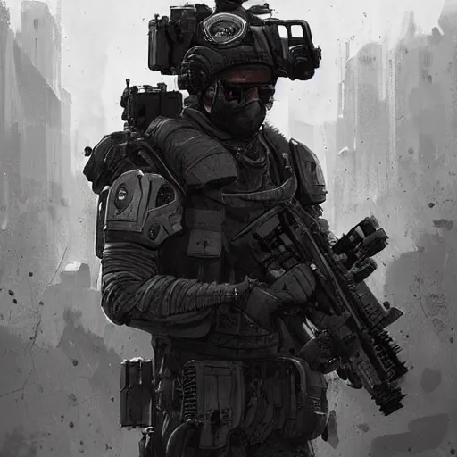 Prompt: Mercenary Special Forces in grey uniforms with black armored vests dying in 2020, by Cedric Peyravernay, highly detailed, excellent composition, cinematic concept art, dramatic lighting, trending on ArtStation