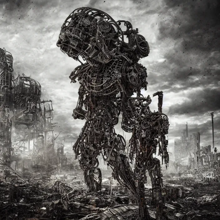 Prompt: gritty apocalyptic human - cyborg standing amongst destroyed machinery, hyper - detailed, sharp focus, 4 k ultra hd, fantasy dark art, apocalyptic art