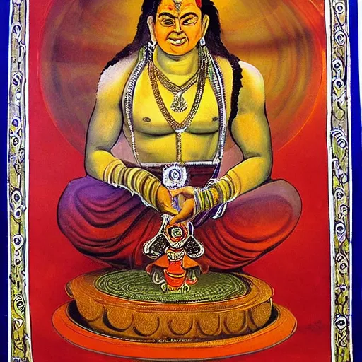 Prompt: silvio berlusconi avatar of the god shiva, traditional vedic painting, the wheel of samsara is visible