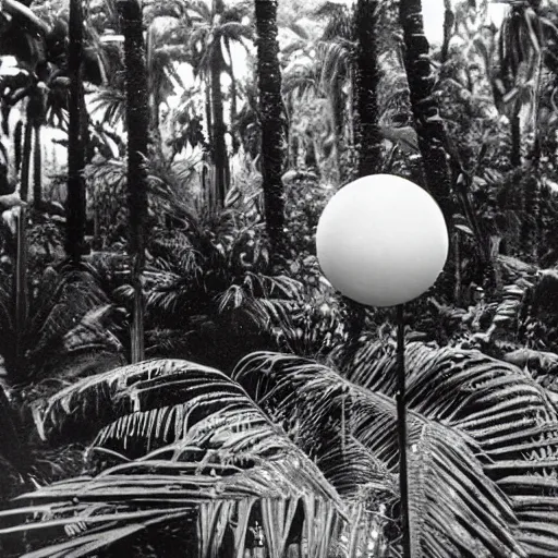 Prompt: a rizom lost film footage of a ( ( ( ( ( ( ( ( sphere ) ) ) ) ) ) ) ) in the middle of the tropical jungle / tripicalism / film still / cinematic / enhanced / 1 9 2 0 s / black and white / grain
