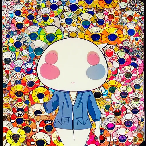 Prompt: by takashi murakami paper embossing, field of view forbidding. a collage of a young woman holding an orange