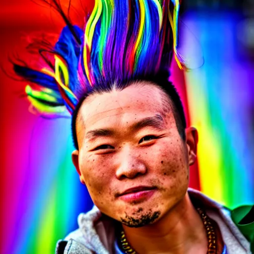 Prompt: chinese man with rainbow mohawk, portrait photo,