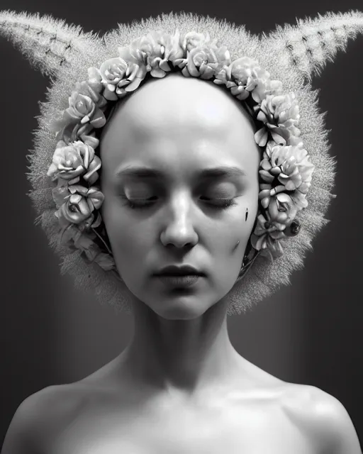 Prompt: dreamy, monochrome, subsurface scattering, white, young beautiful flower - cyborg goddess in cosmos, black and white, octane render, dino valls, mark ryden, highly detailed, rim light, art, cinematic lighting, very coherent, hyper realism, 8 k