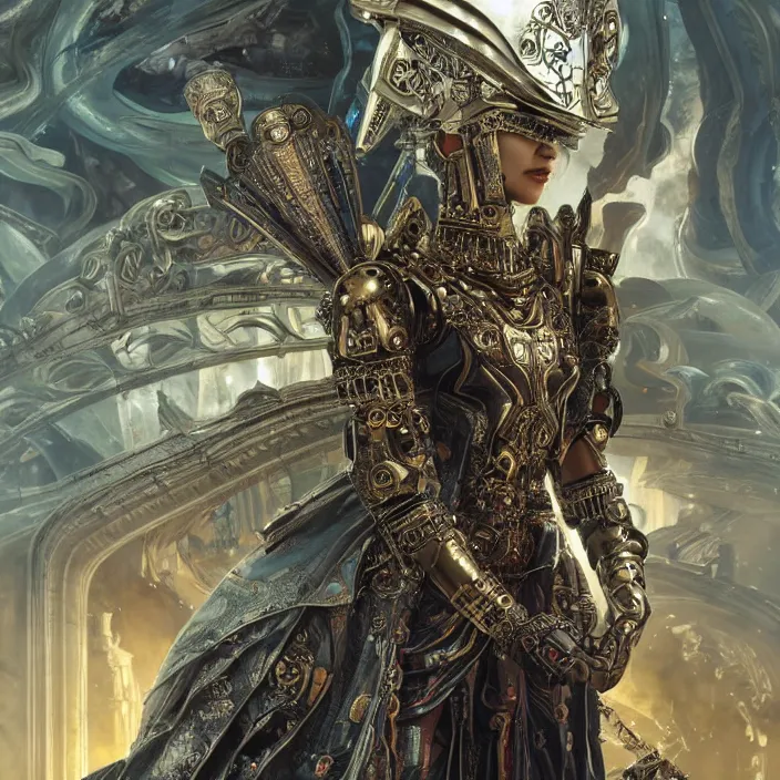 Image similar to mystical evil android queen with obsidian eyes, wearing an elaborate helmet, inside a wax palace, ultra realistic, concept art, intricate details, serious, highly detailed, photorealistic, octane render, 8 k, unreal engine, art by todd mcfarlane and artgerm and greg rutkowski and alphonse mucha