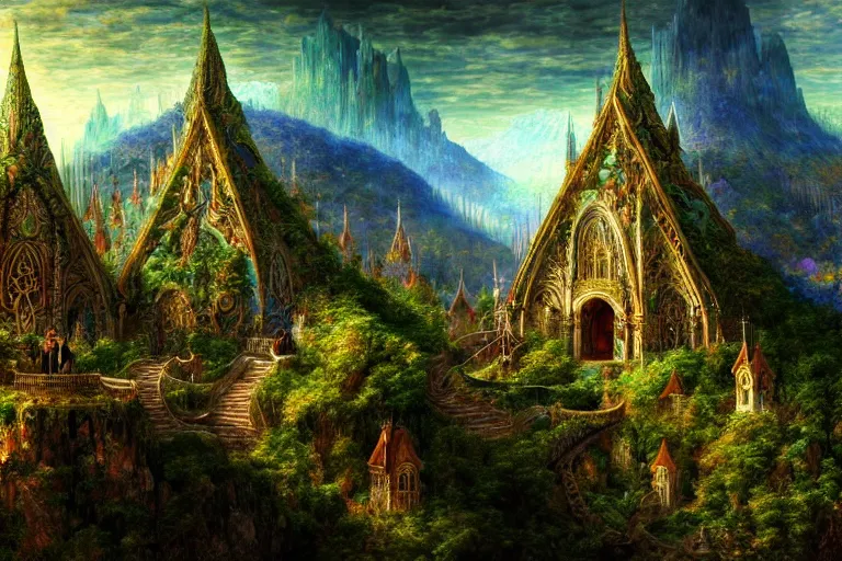 Prompt: a beautiful and highly detailed digital painting of a beautifully designed elven structure hidden in the mystical mountains, psychedelic patterns, intricate details, epic scale, 8 k, sharp focus, photorealism, artstation, cgsociety, by caspar friedrich, albert bierstadt, james gurney, brian froud,