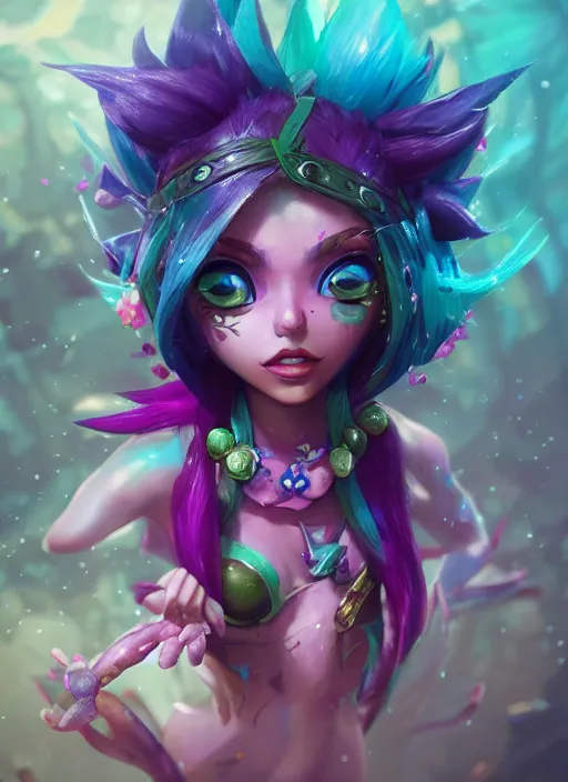 Image similar to neeko, from league of legends, au naturel, hyper detailed, digital art, trending in artstation, cinematic lighting, studio quality, smooth render, unreal engine 5 rendered, octane rendered, art style by klimt and nixeu and ian sprigger and wlop and krenz cushart