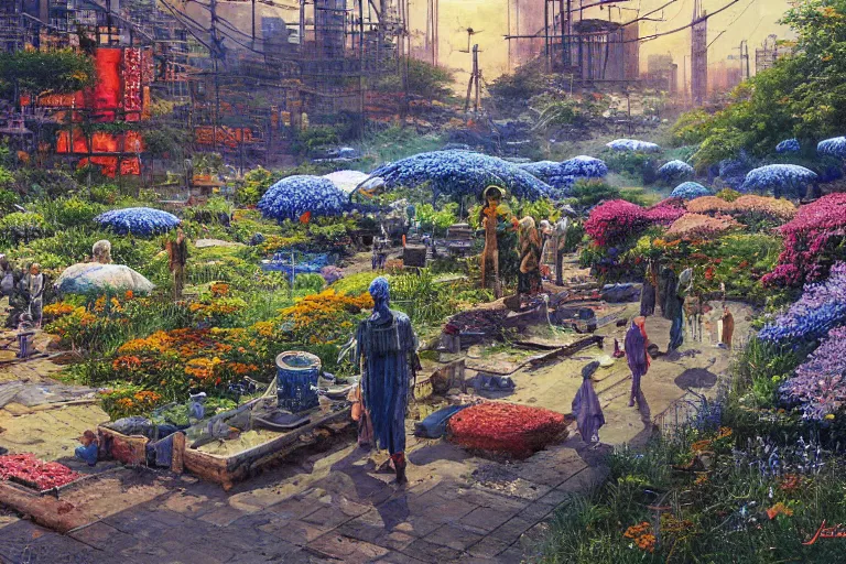 Prompt: oil painting, super - detailed scene electronics waste dump, cyberpunk garden, agbogbloshie, indigo blooming flowers garden, japanese sci - fi books art, artwork by jean giraud, hd, 4 k, high quality