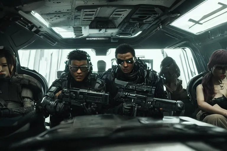 Image similar to movie diverse interracial team of Japanese sci-fi futuristic robbers armed with rifles interior clean futuristic tactical van, cyberpunk city, beautiful skin, Symmetrical faces. natural lighting by Emmanuel Lubezki