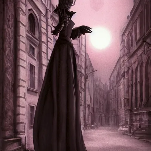 Prompt: an elegant vampire girl stands in a quiet street in an old gothic city, high resolution, highly detailed, dark fantasy, night