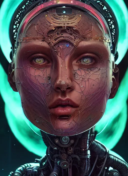 Prompt: ancient beautiful cyborg girl face portrait, intricate artwork by josan gonzalez, artgerm, kilian eng, alphonse mucha, junji ito, hugh ferriss, lee madgwick, alex grey and gustave dore, very coherent artwork, cinematic, psychedelic, vibrant, octane render, unreal engine, 8 k, high contrast, black ink outline
