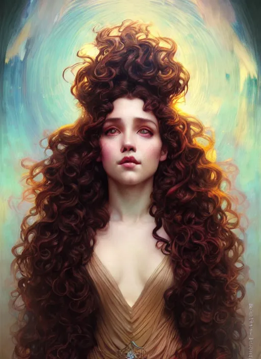 Prompt: beautiful face of devshuk curly hair portrait, by artgerm, cushart krenz, greg rutkowski, storyboard, mucha. art nouveau. gloomhaven, swirly vibrant ripples, gaudy colors, sharp edges. ultra clear detailed. 8 k. elegant, intricate, octane render